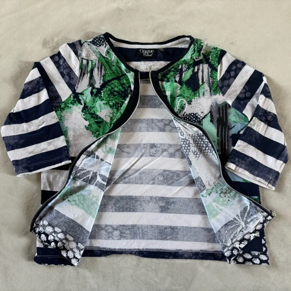 Onque Casual Zip Front Top Blue Green Stripe Floral Lightweight Jacket PM Y2K